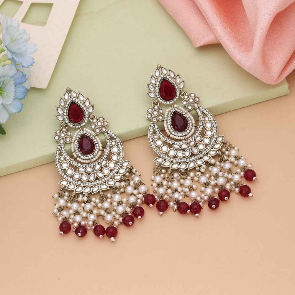 Maroon Color Kundan Earrings Styled For Rich Traditional Looks-FNKDE149MRN