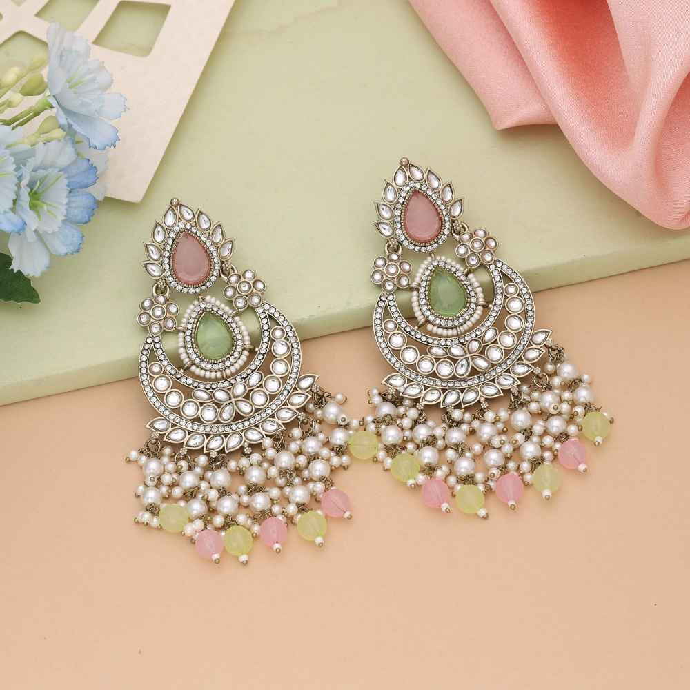 Pink And Pista Green Color Kundan Earrings Designed For Festive Grace-FNKDE149PG