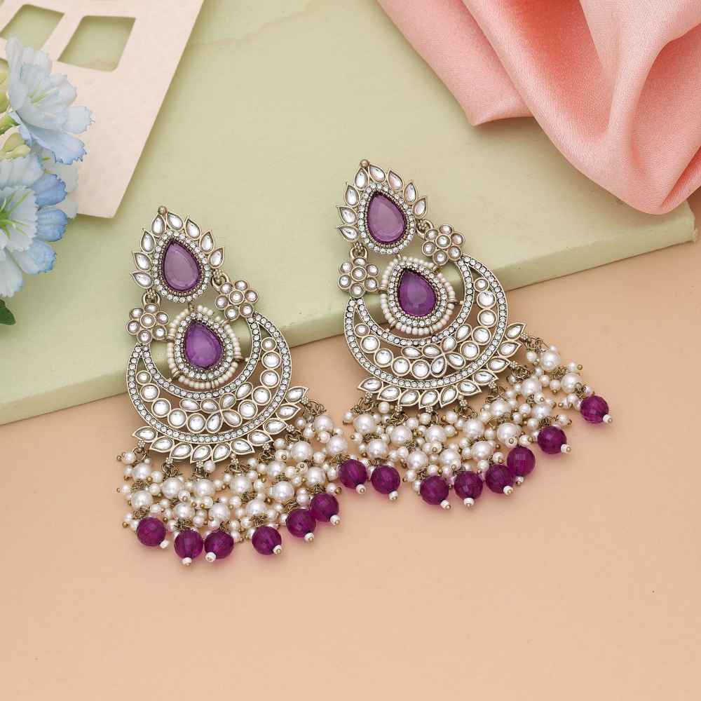 Purple Color Kundan Earrings Inspired By Royal Festive Jewellery Trends-FNKDE149PRP