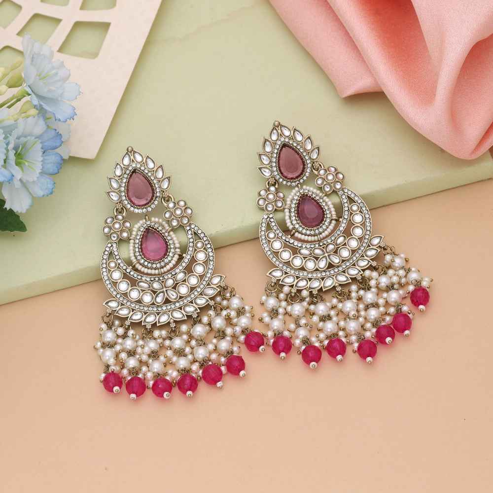Rani Color Kundan Earrings Offering Royal Shine And Festive Beauty-FNKDE149RNI