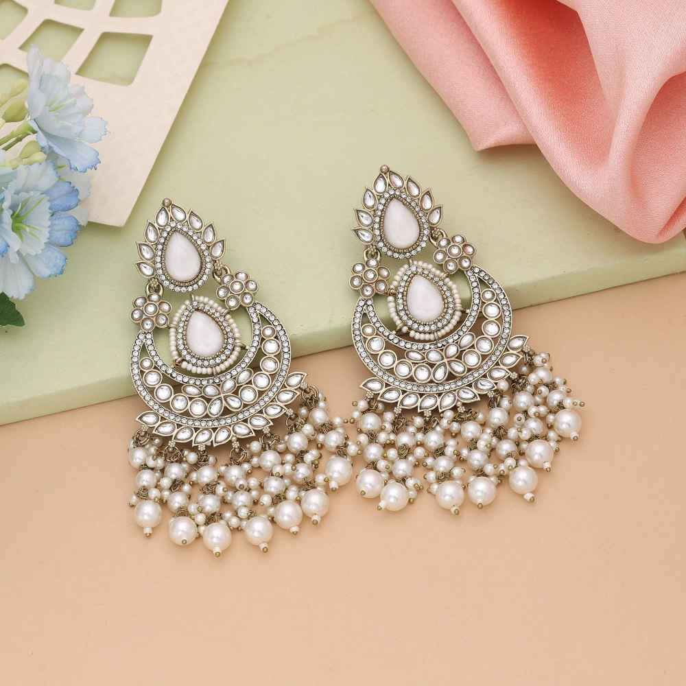 White Color Kundan Earrings Styled For Minimal Yet Elegant Ethnic Wear-FNKDE149WHT