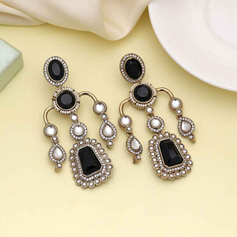 Black Color Kundan Earrings Designed For Bold Festive Fashion Lovers-FNKDE150BLK