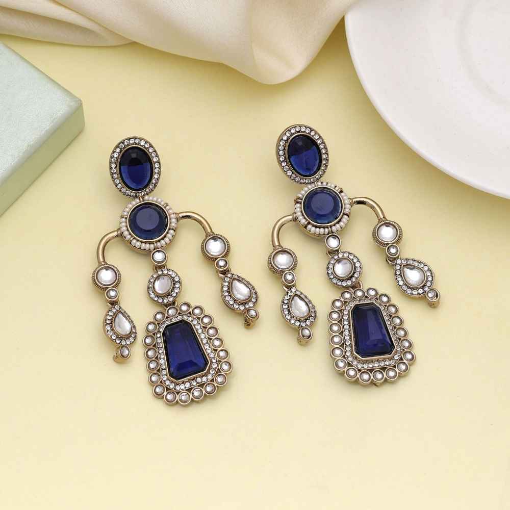 Blue Color Kundan Earrings Designed For Graceful Party And Festive Wear-FNKDE150BLU