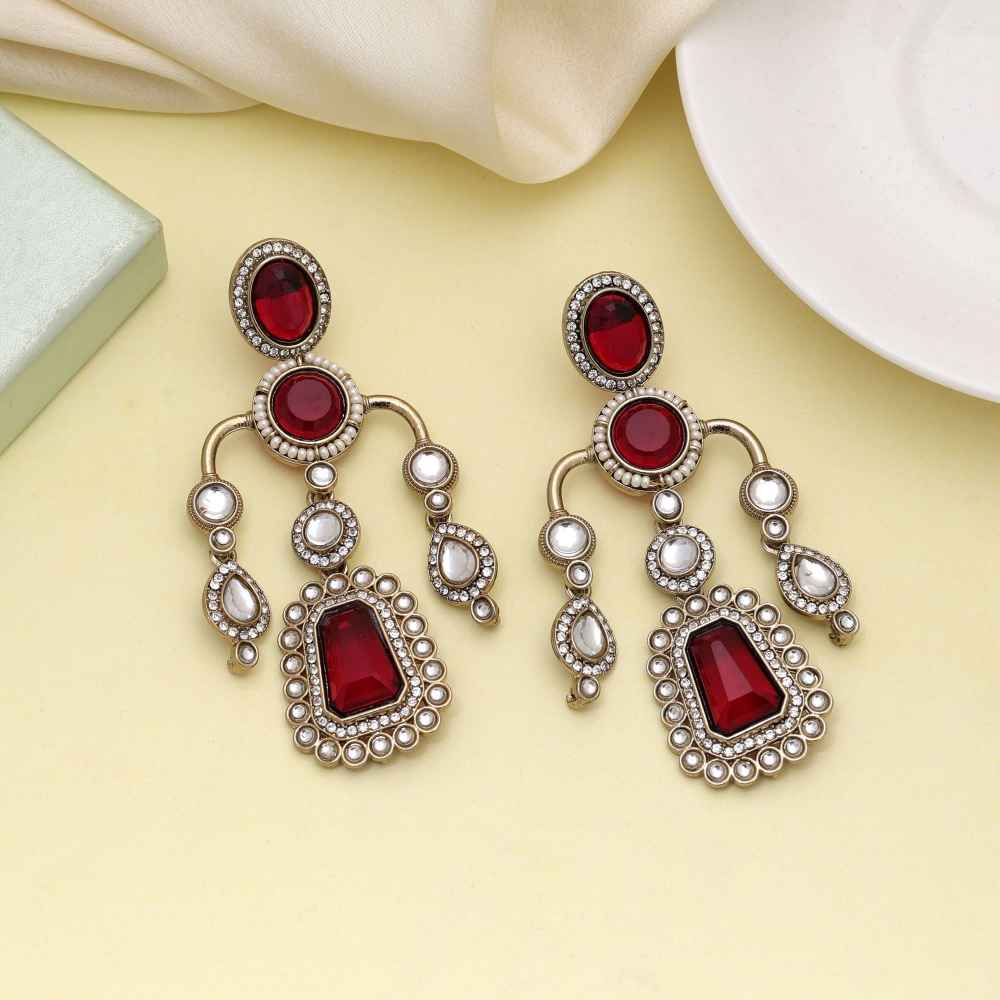 Maroon Color Kundan Earrings Inspired By Heritage Jewellery Designs-FNKDE150MRN