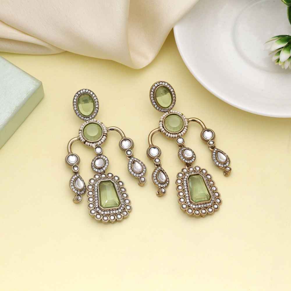 Pista Green Color Kundan Earrings Designed For Subtle Ethnic Elegance-FNKDE150PG