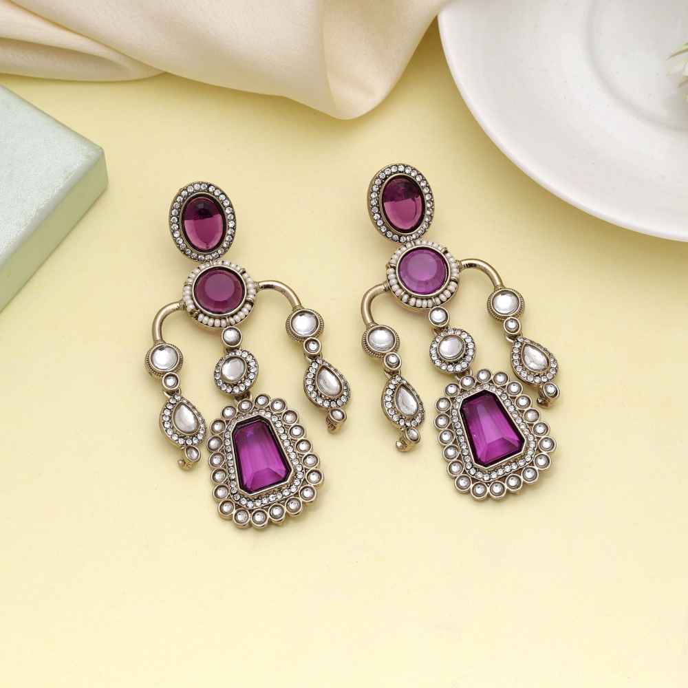 Purple Color Kundan Earrings Crafted For Royal Inspired Ethnic Styling-FNKDE150PRP