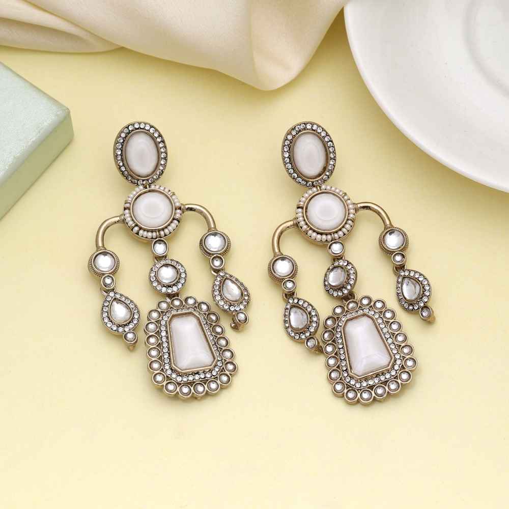 White Color Kundan Earrings Offering Timeless Ethnic Elegance-FNKDE150WHT
