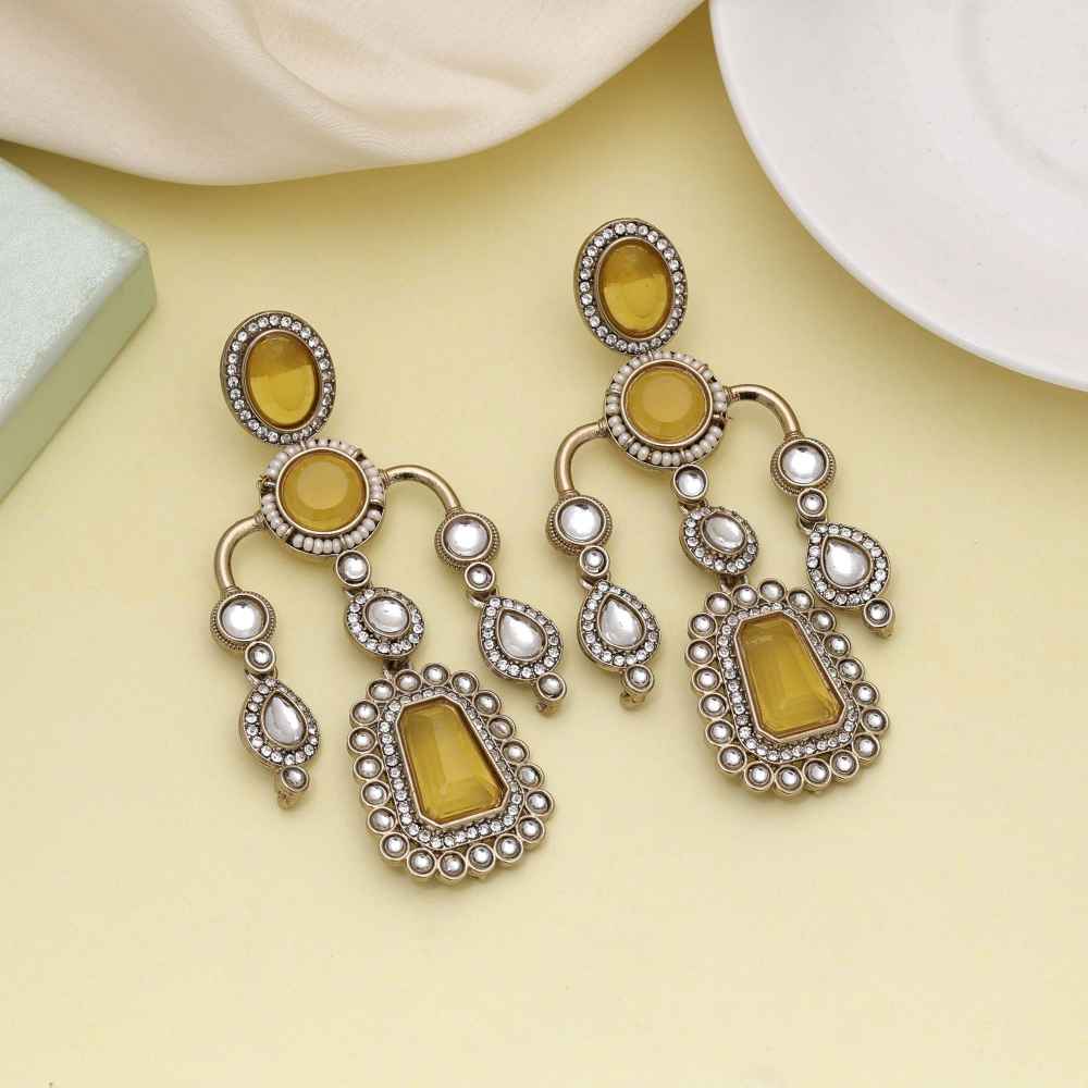 Yellow Color Kundan Earrings Featuring Bright Tone And Traditional Charm-FNKDE150YLW