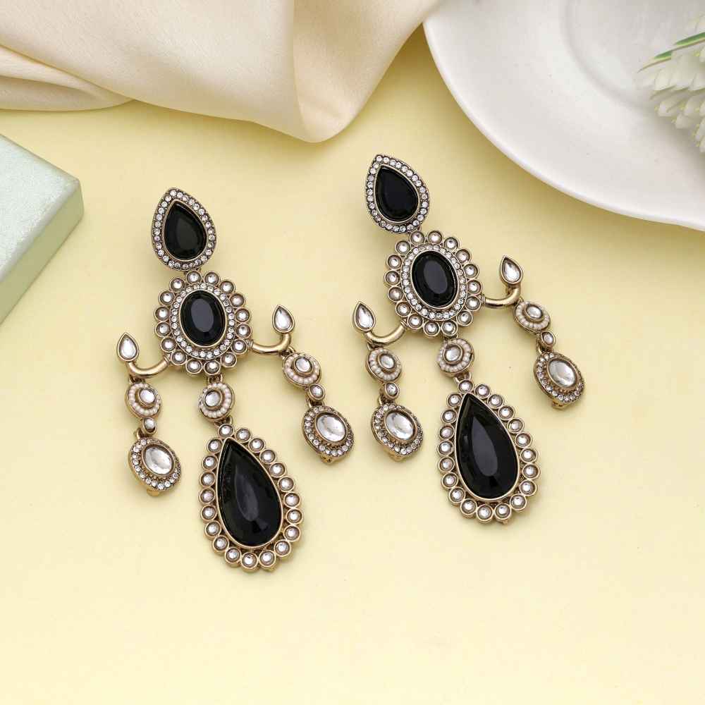 Black Color Kundan Earrings Crafted For Contemporary Ethnic Styling-FNKDE151BLK