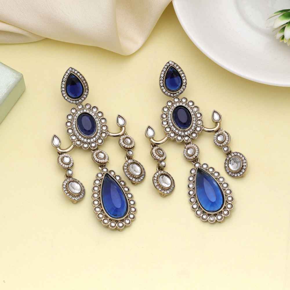 Blue Color Kundan Earrings Crafted For Elegant Ethnic Party Wear-FNKDE151BLU