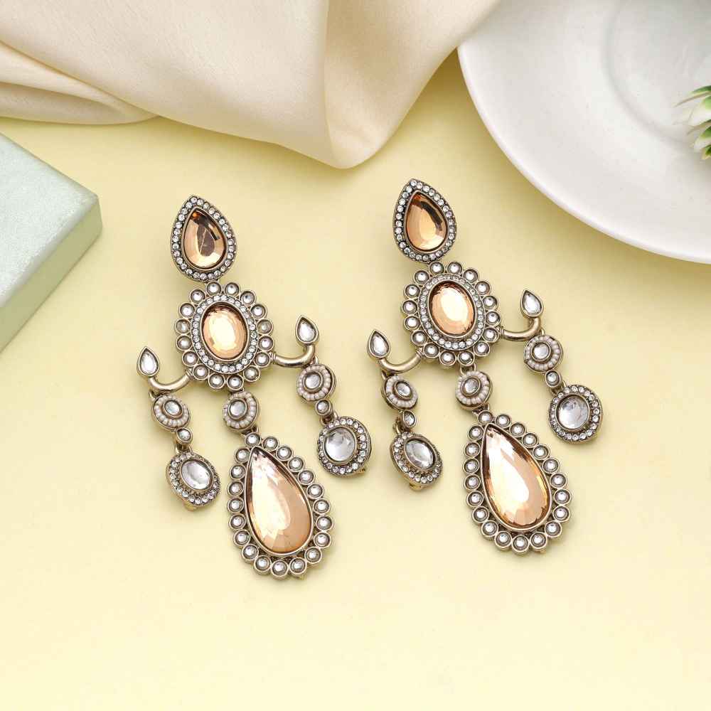 Gold Color Kundan Earrings With Classic Design And Festive Shine-FNKDE151GLD