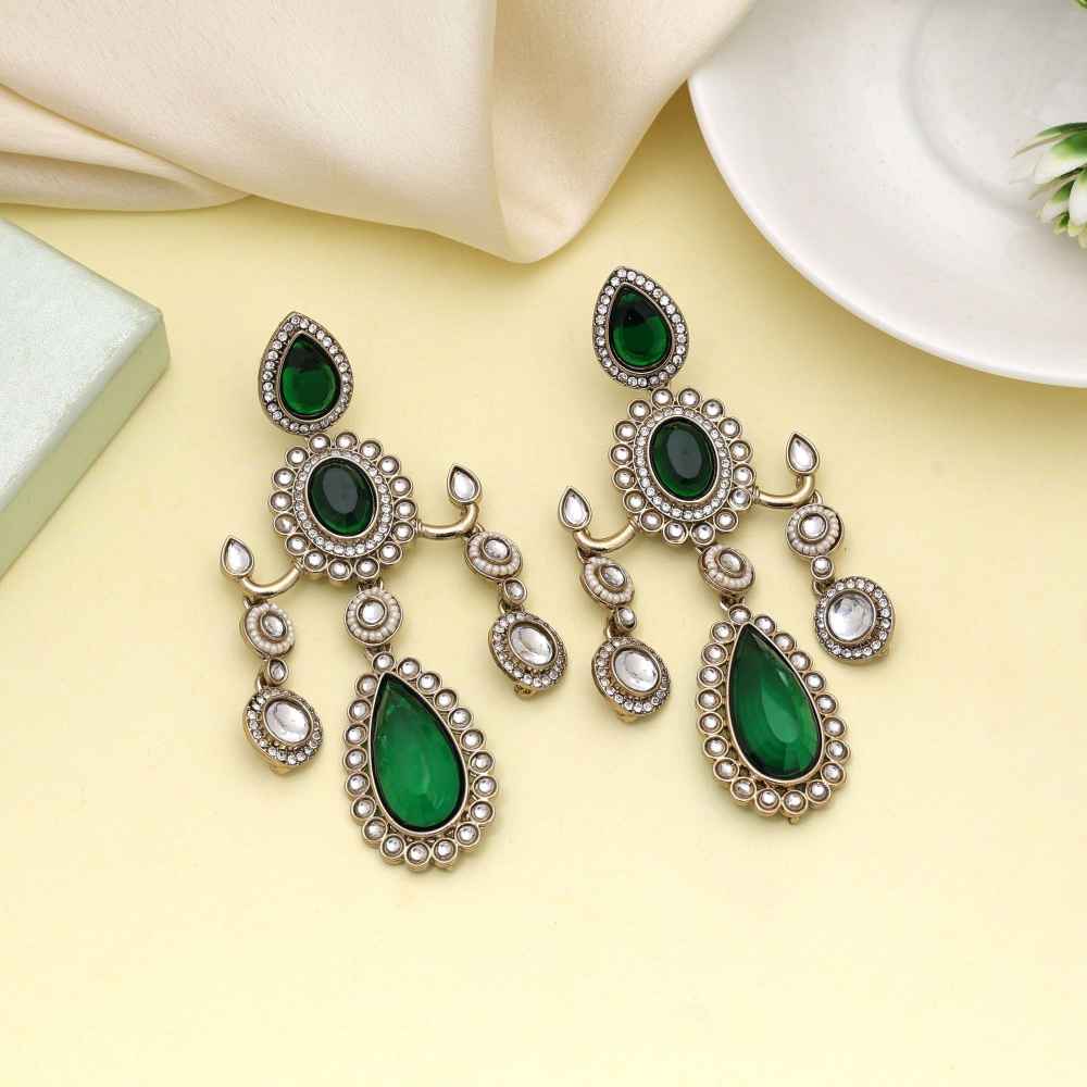Green Color Kundan Earrings Featuring Classic Ethnic Craftsmanship-FNKDE151GRN
