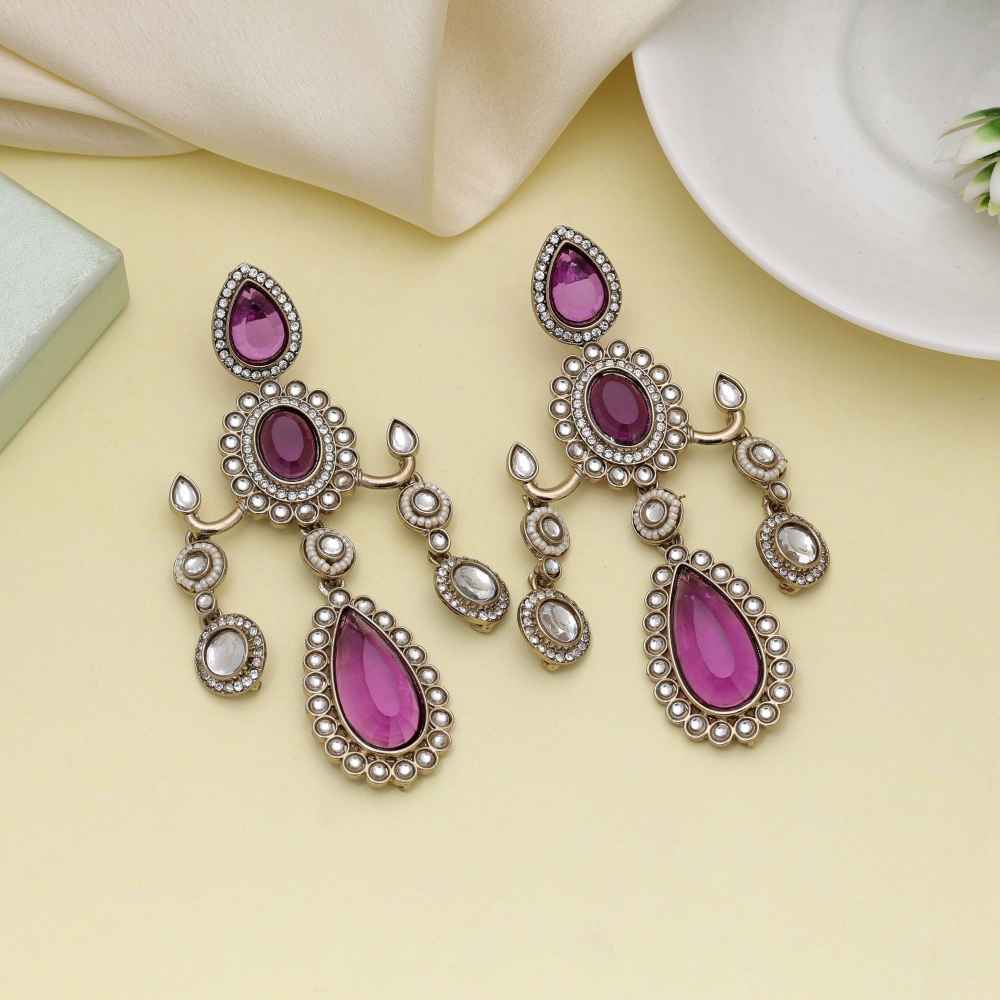 Purple Color Kundan Earrings Featuring Royal Finish For Celebrations-FNKDE151PRP