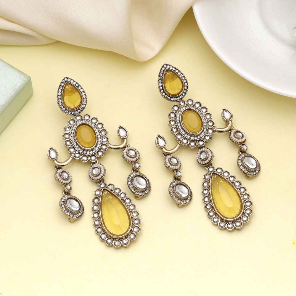 Yellow Color Kundan Earrings Offering Bright Traditional Festive Charm-FNKDE151YLW