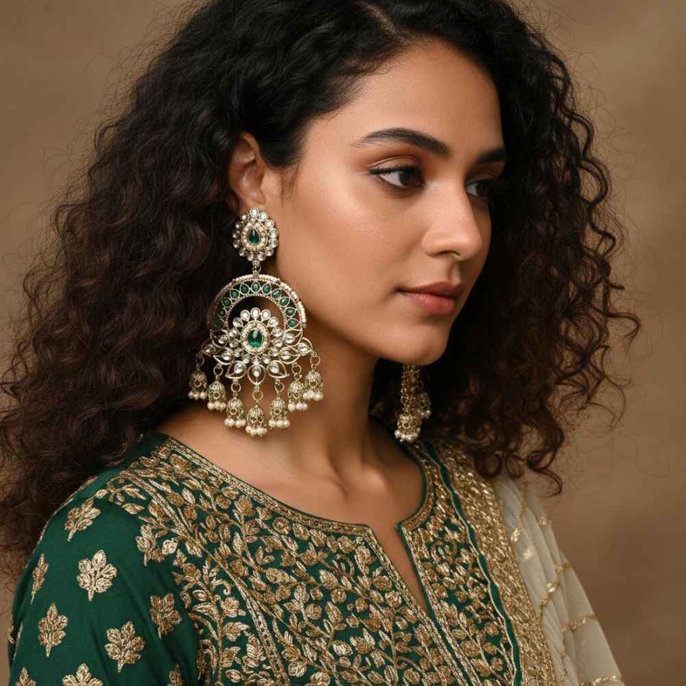 Green Color Kundan Earrings Designed For Elegant Traditional Styling-FNKDE152GRN