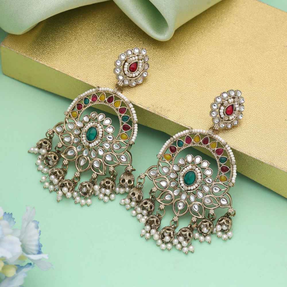 Multi Color Kundan Earrings Crafted For Wedding And Celebration Wear-FNKDE152MLT