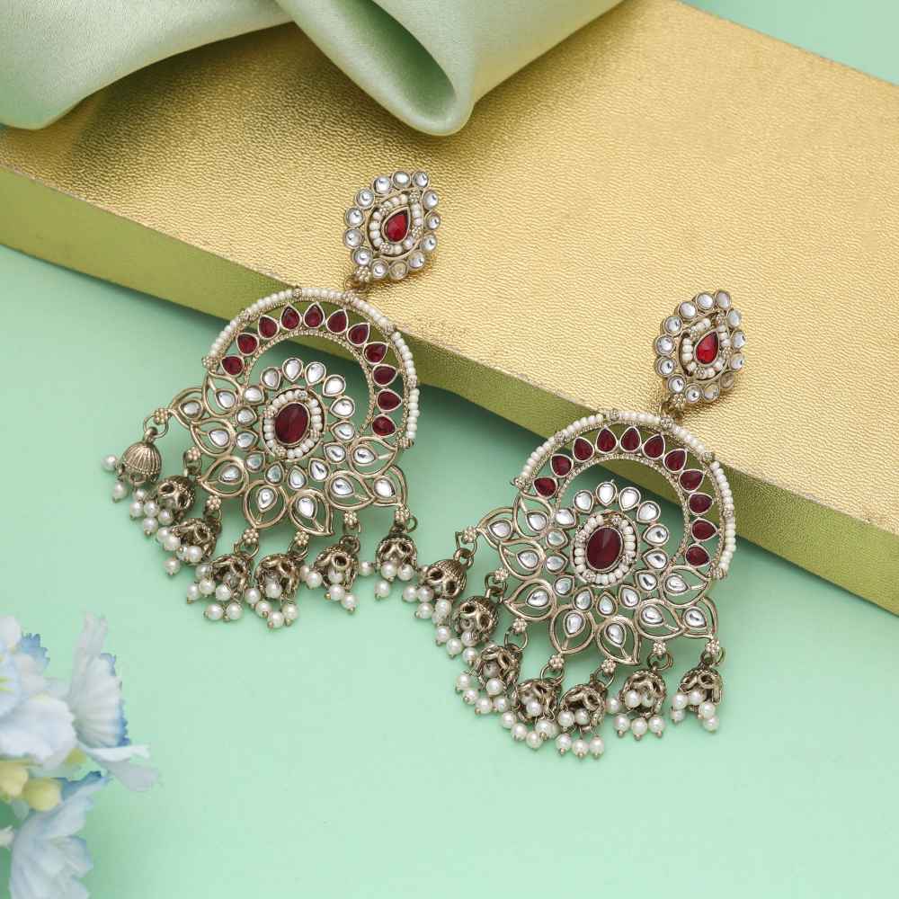 Maroon Color Kundan Earrings Crafted For Rich Festive Fashion-FNKDE152MRN