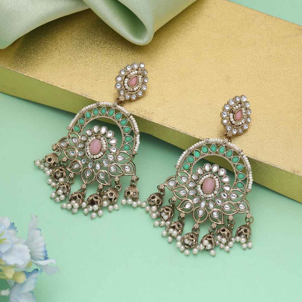 Pink And Pista Green Color Kundan Earrings With Dual Tone Elegance-FNKDE152PG
