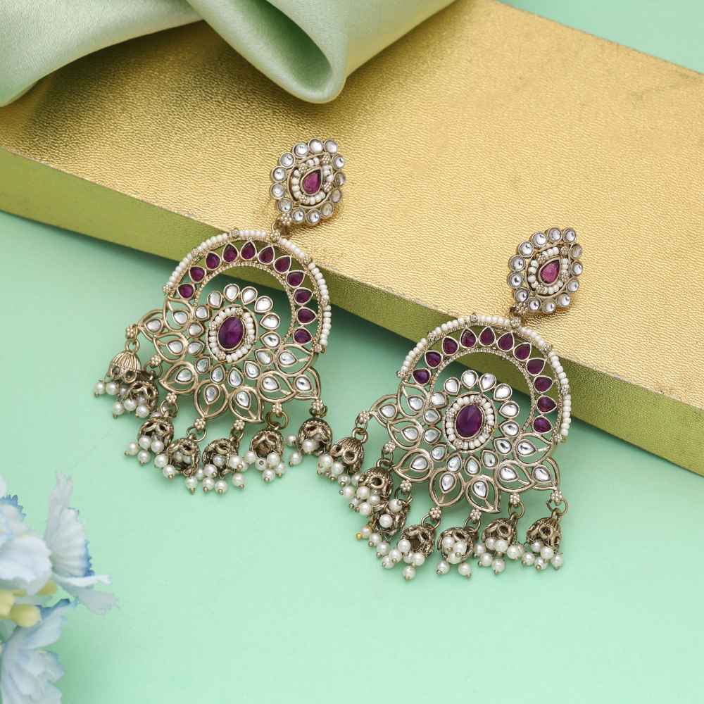 Purple Color Kundan Earrings Styled For Royal Inspired Ethnic Looks-FNKDE152PRP