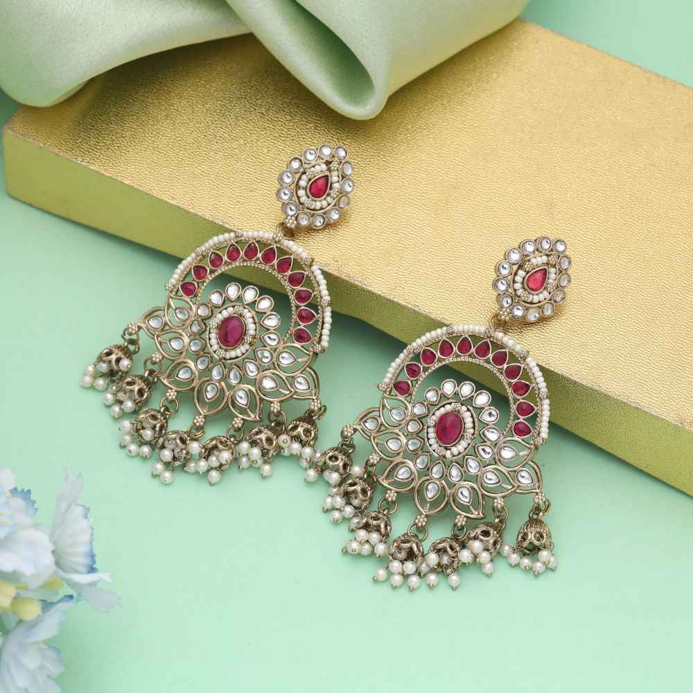 Rani Color Kundan Earrings Designed For Bridal And Festive Occasions-FNKDE152RNI