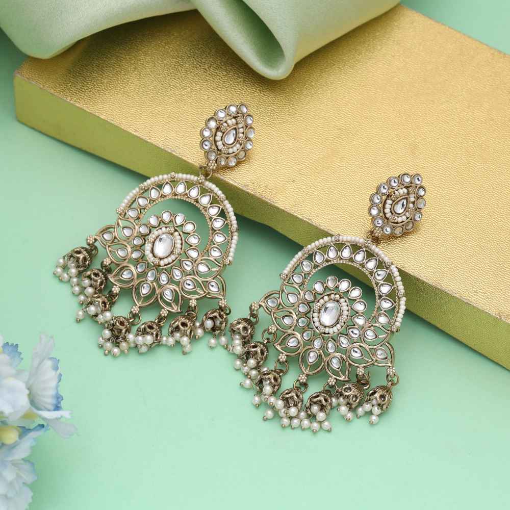 White Color Kundan Earrings Inspired By Classic Indian Jewellery-FNKDE152WHT