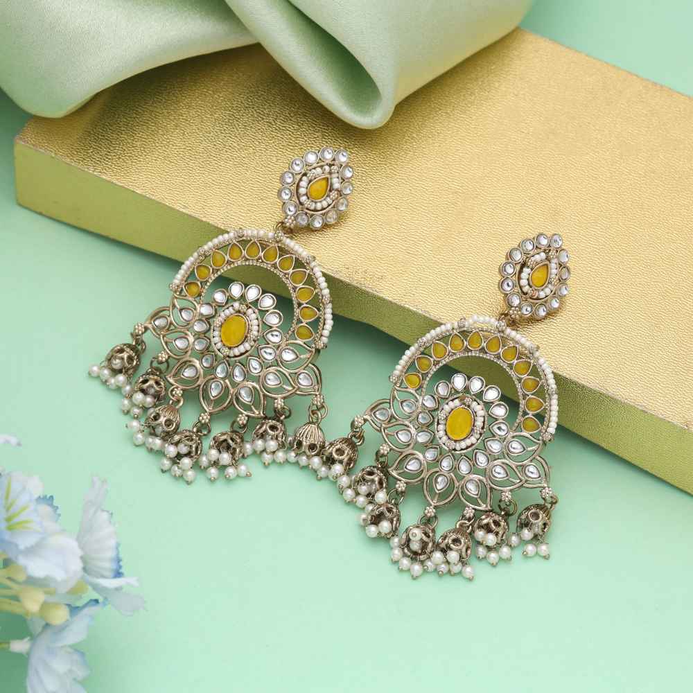 Yellow Color Kundan Earrings Designed For Vibrant Festive Outfits-FNKDE152YLW
