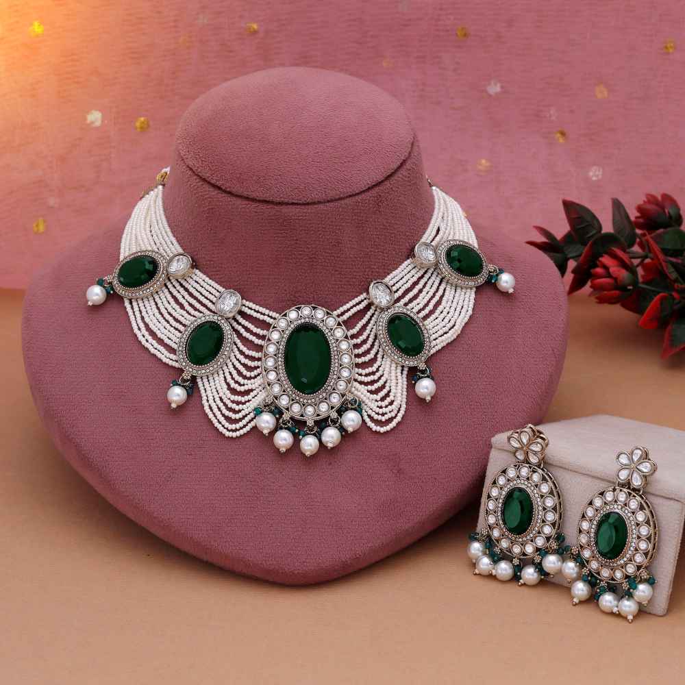 Green Color Kundan Necklace Set Inspired By Rich Indian Festive Jewellery-FNKN174GRN
