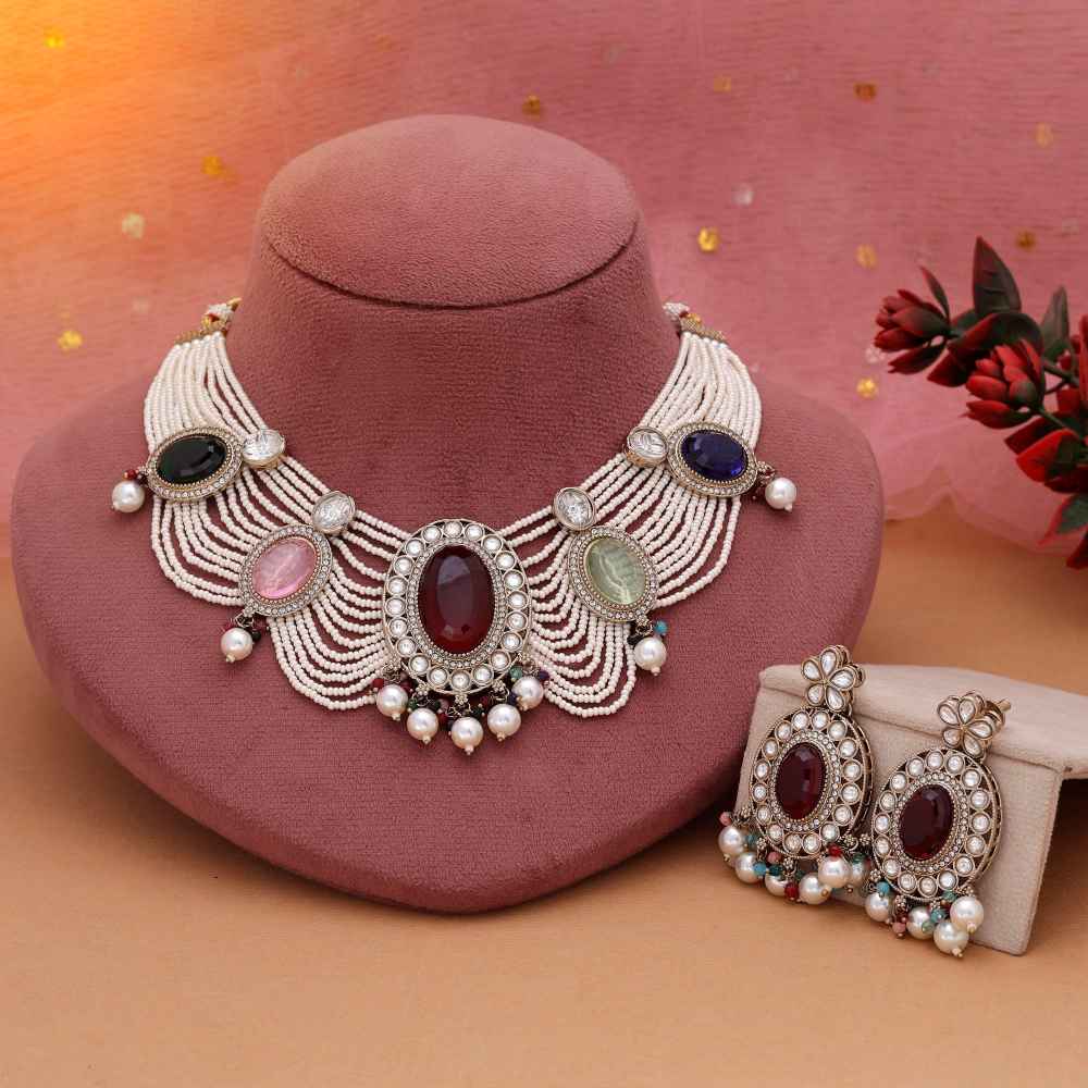 Multi Color Kundan Necklace Set With Vibrant Stones For Festive Styling-FNKN174MLT