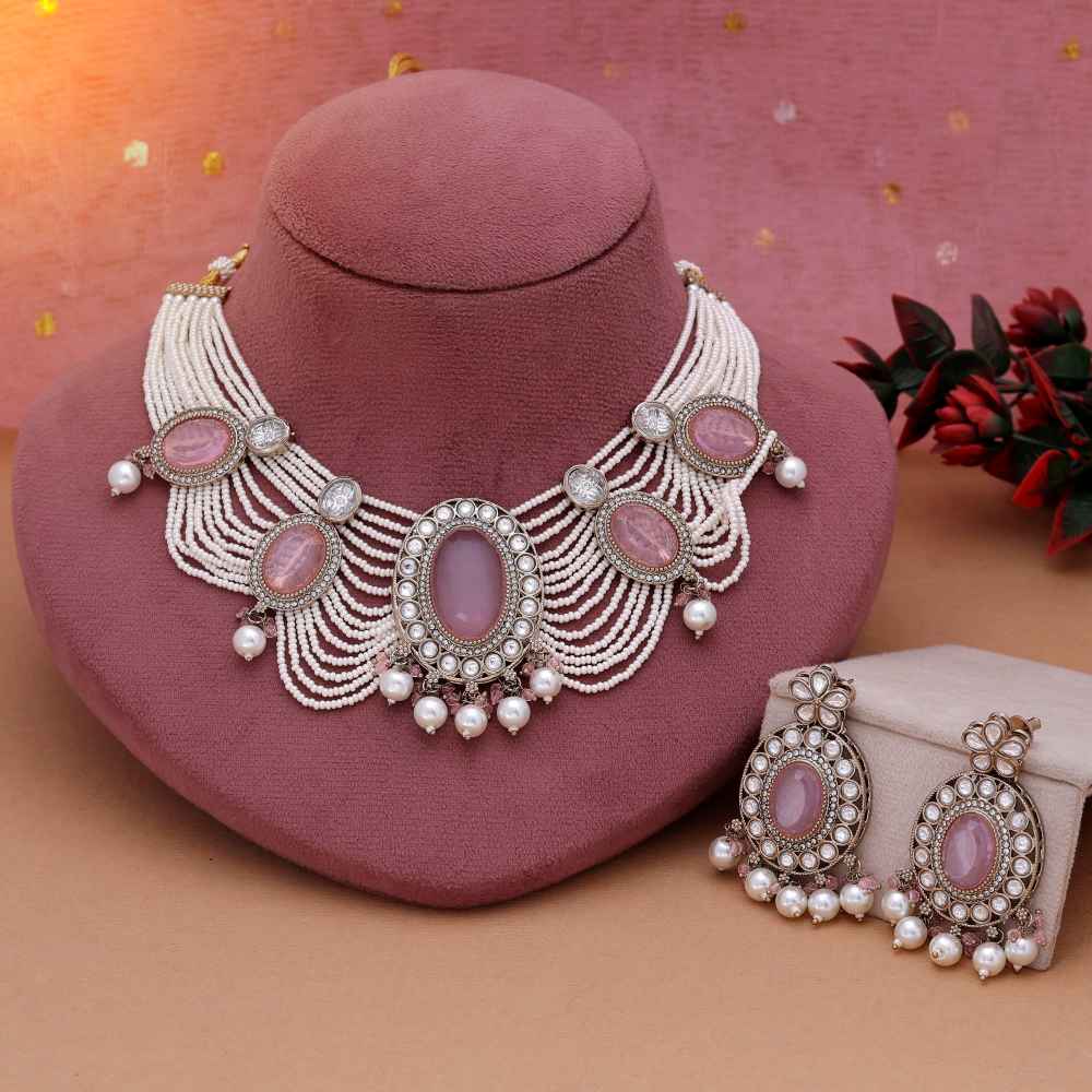 Pink Color Kundan Necklace Set Designed For Elegant Wedding Celebrations-FNKN174PNK