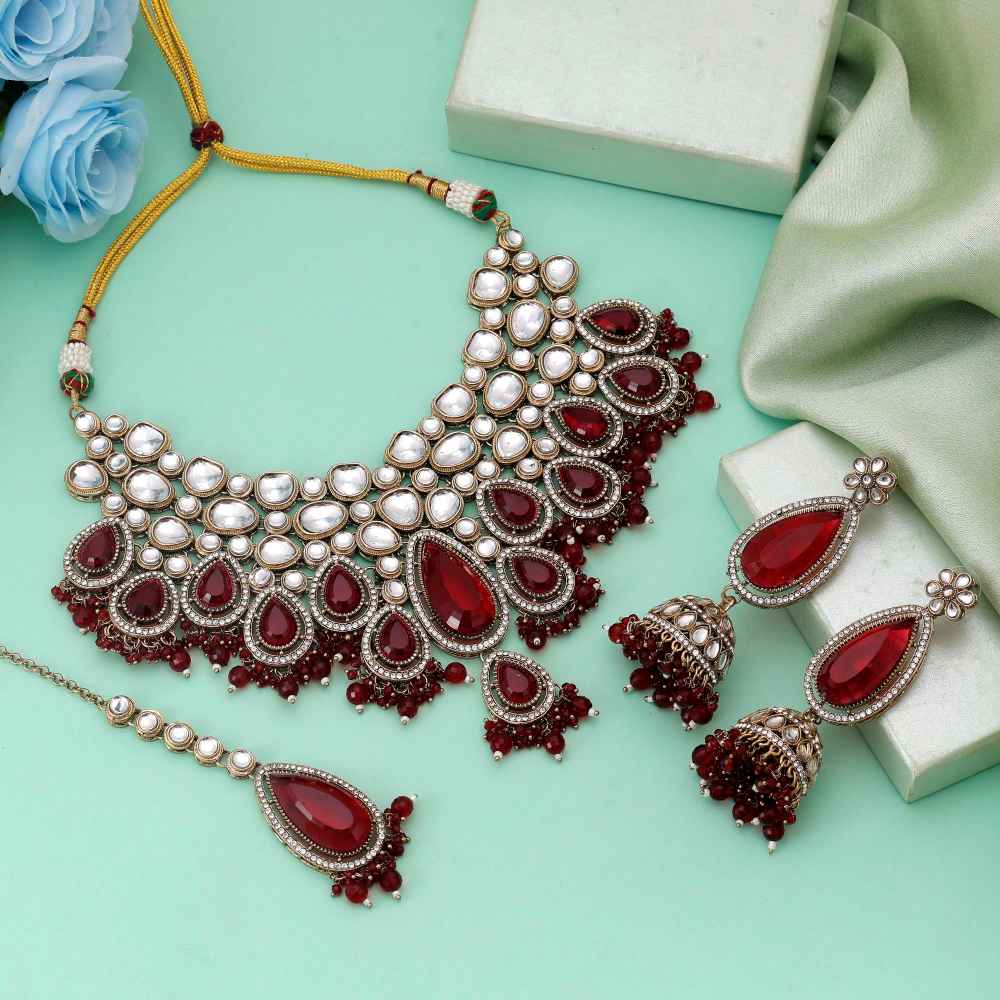 Maroon Color Kundan Necklace Set Designed For Royal Ethnic Celebrations-FNKN175MRN