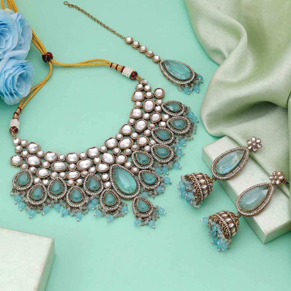 Sky Blue Color Kundan Necklace Set With Soft Elegant Traditional Appeal-FNKN175SBLU