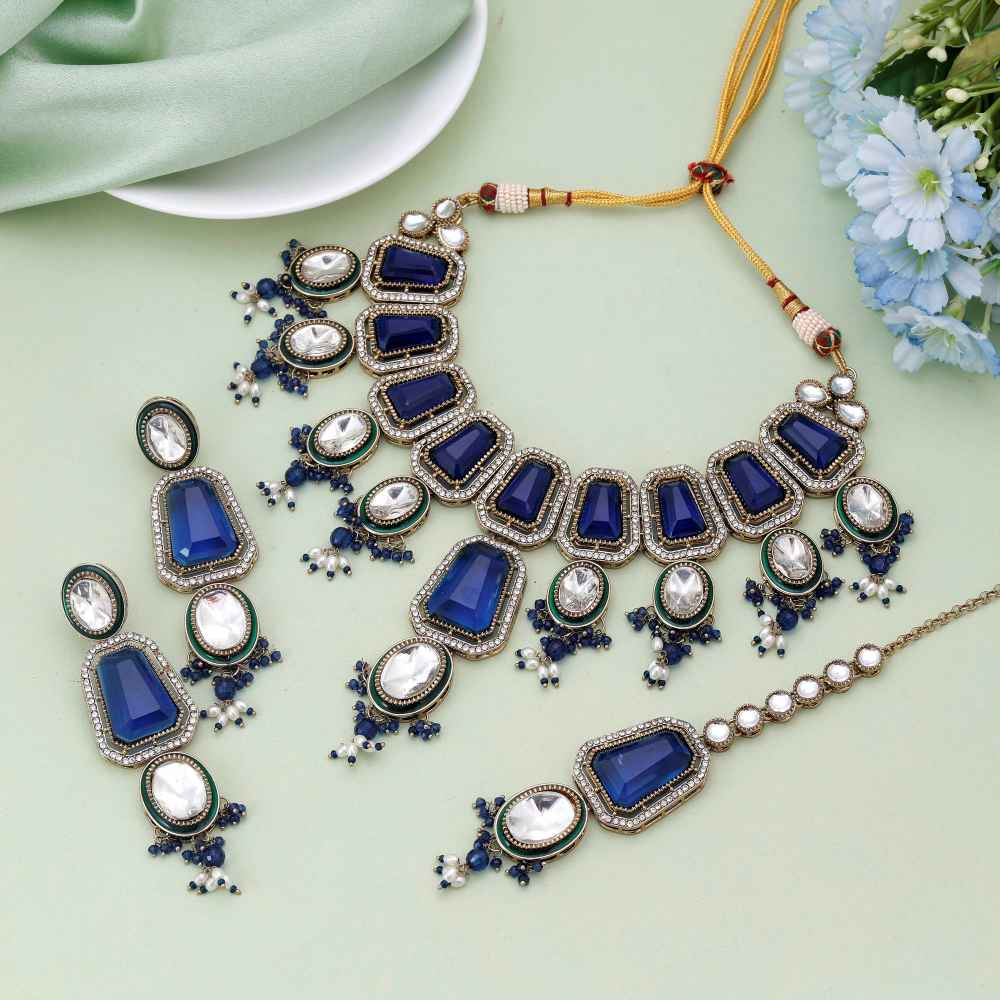 Blue Color Kundan Necklace Set Designed For Elegant Traditional Styling-FNKN176BLU