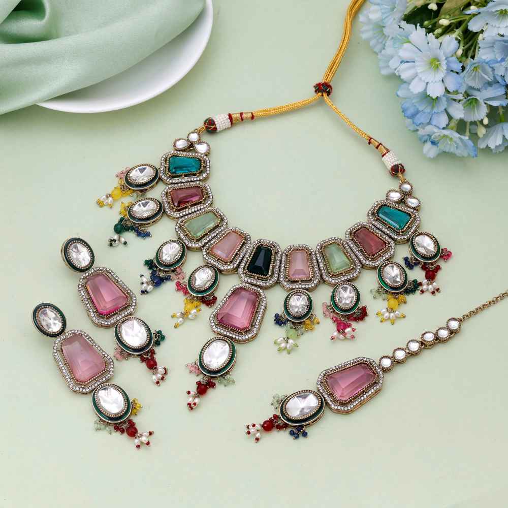 Multi Color Kundan Necklace Set Inspired By Vibrant Indian Jewellery Art-FNKN176MLT