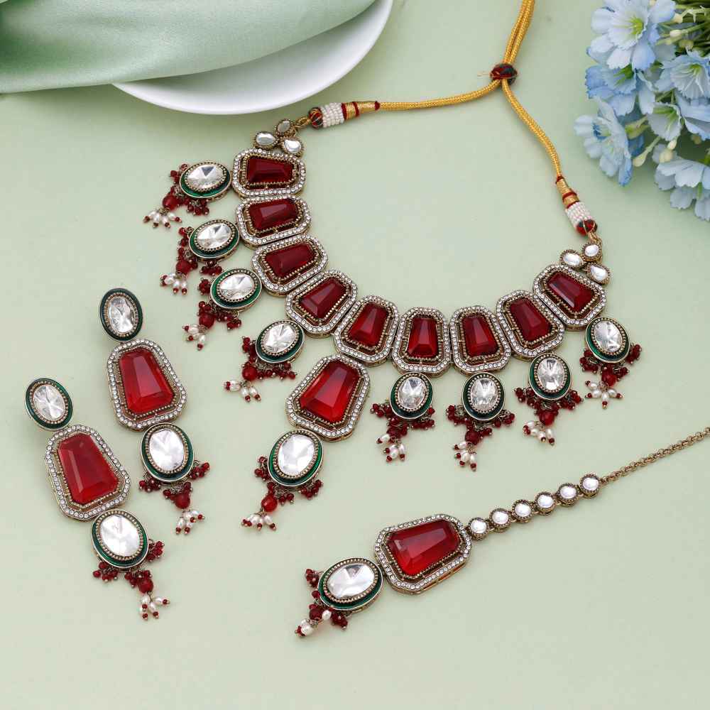 Maroon Color Kundan Necklace Set With Classic Indian Festive Design-FNKN176MRN