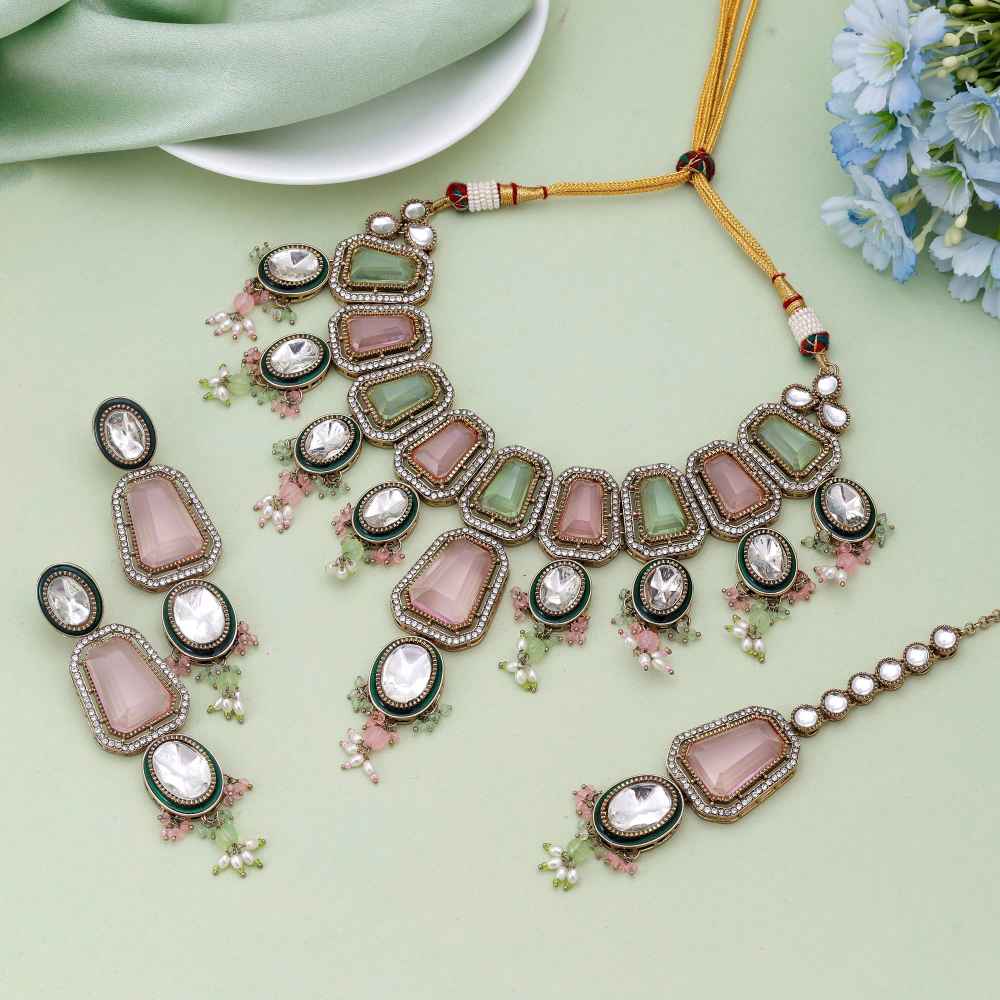 Pink And Pista Green Color Kundan Necklace Set With Dual Tone Festive Elegance-FNKN176PG