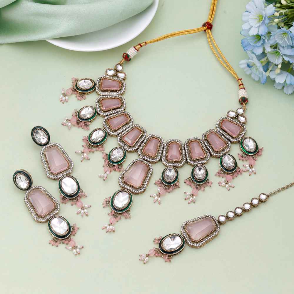 Pink Color Kundan Necklace Set Designed For Wedding And Festive Wear-FNKN176PNK