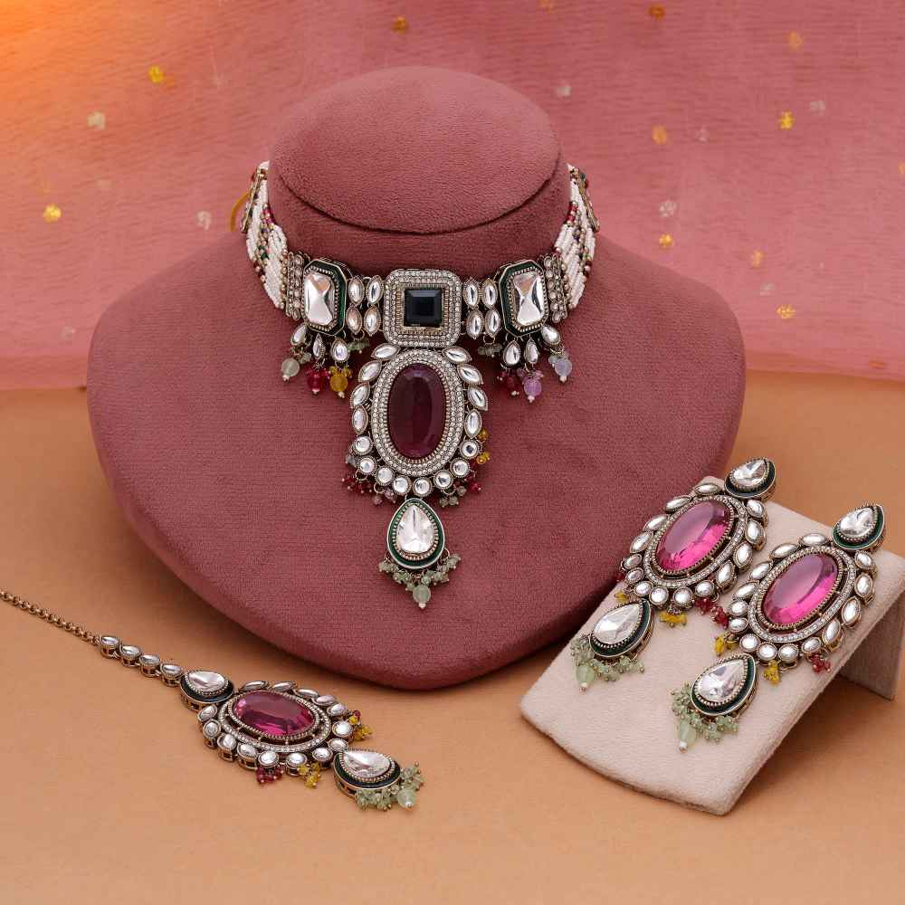 Multi Color Choker Kundan Necklace Set With Vibrant Wedding Appeal-FNKN177MLT