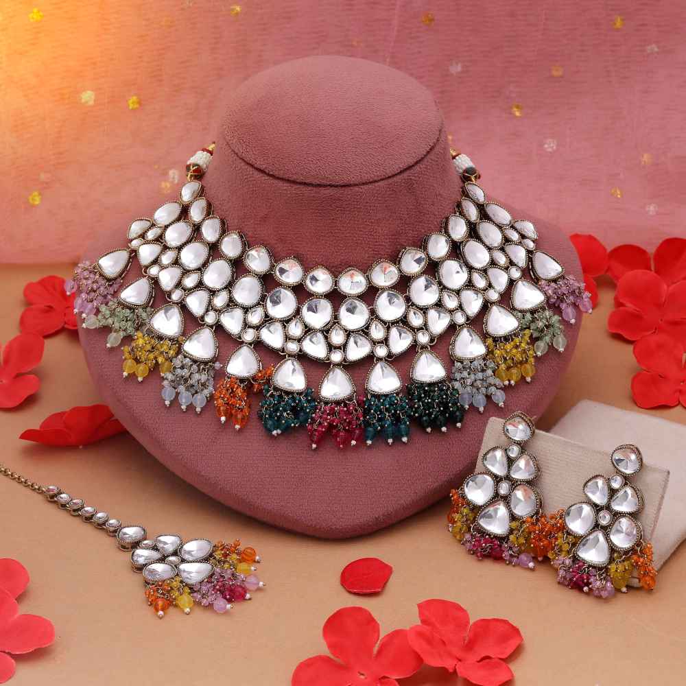 Multi Color Kundan Necklace Set Designed For Grand Wedding Celebrations-FNKN178MLT