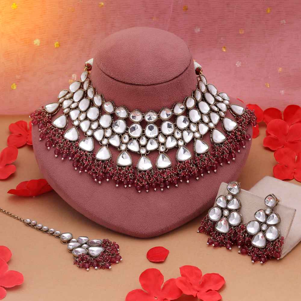 Maroon Color Kundan Necklace Set With Rich Tone Traditional Styling-FNKN178MRN
