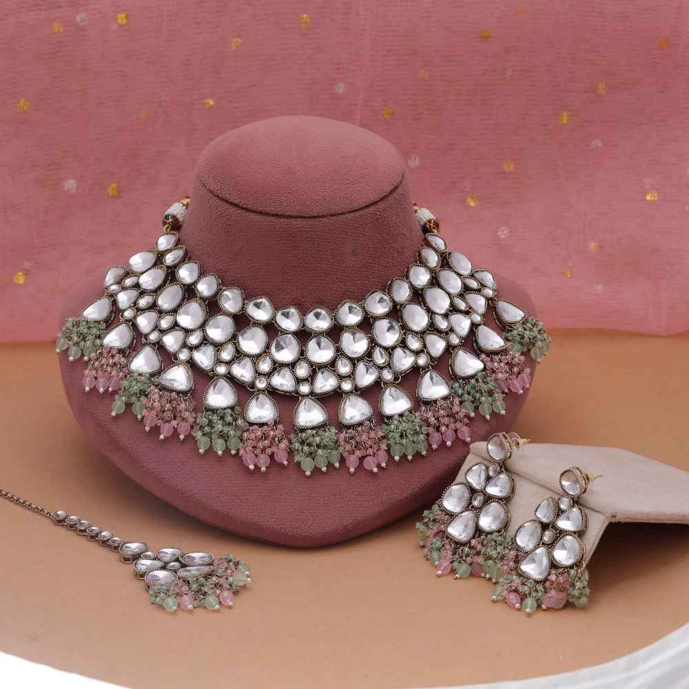 Pink And Pista Green Color Kundan Necklace Set With Contemporary Festive Charm-FNKN178PG
