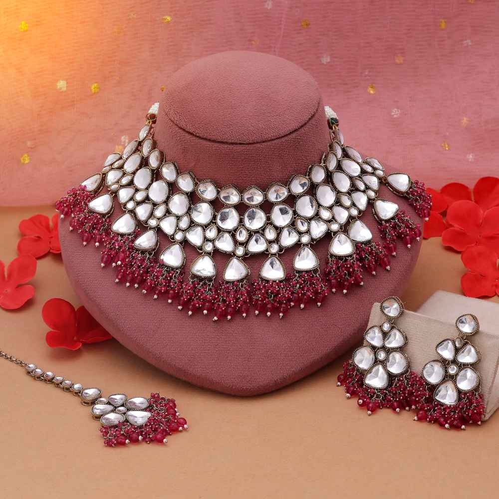 Rani Color Kundan Necklace Set Inspired By Royal Indian Jewellery Heritage-FNKN178RNI