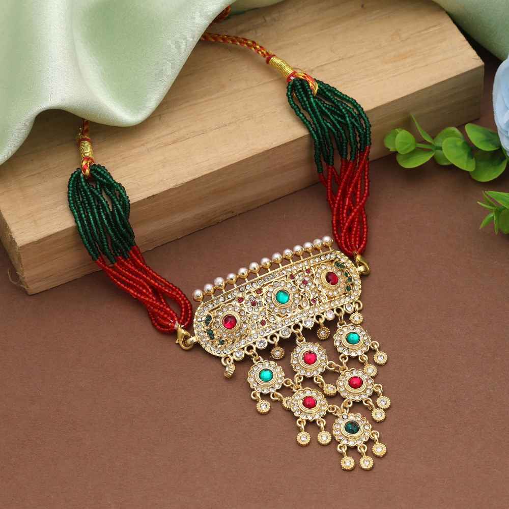 Rani And Green Color Choker Rajputi Jewellery Rani Haar Crafted For Bridal Elegance-FNPN125RG