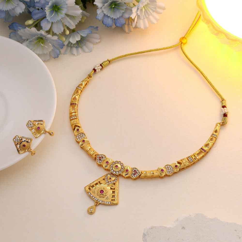 Gold Color Matte Gold Necklace Set With Antique Finish For Traditional Styling-FNTPLN138GLD