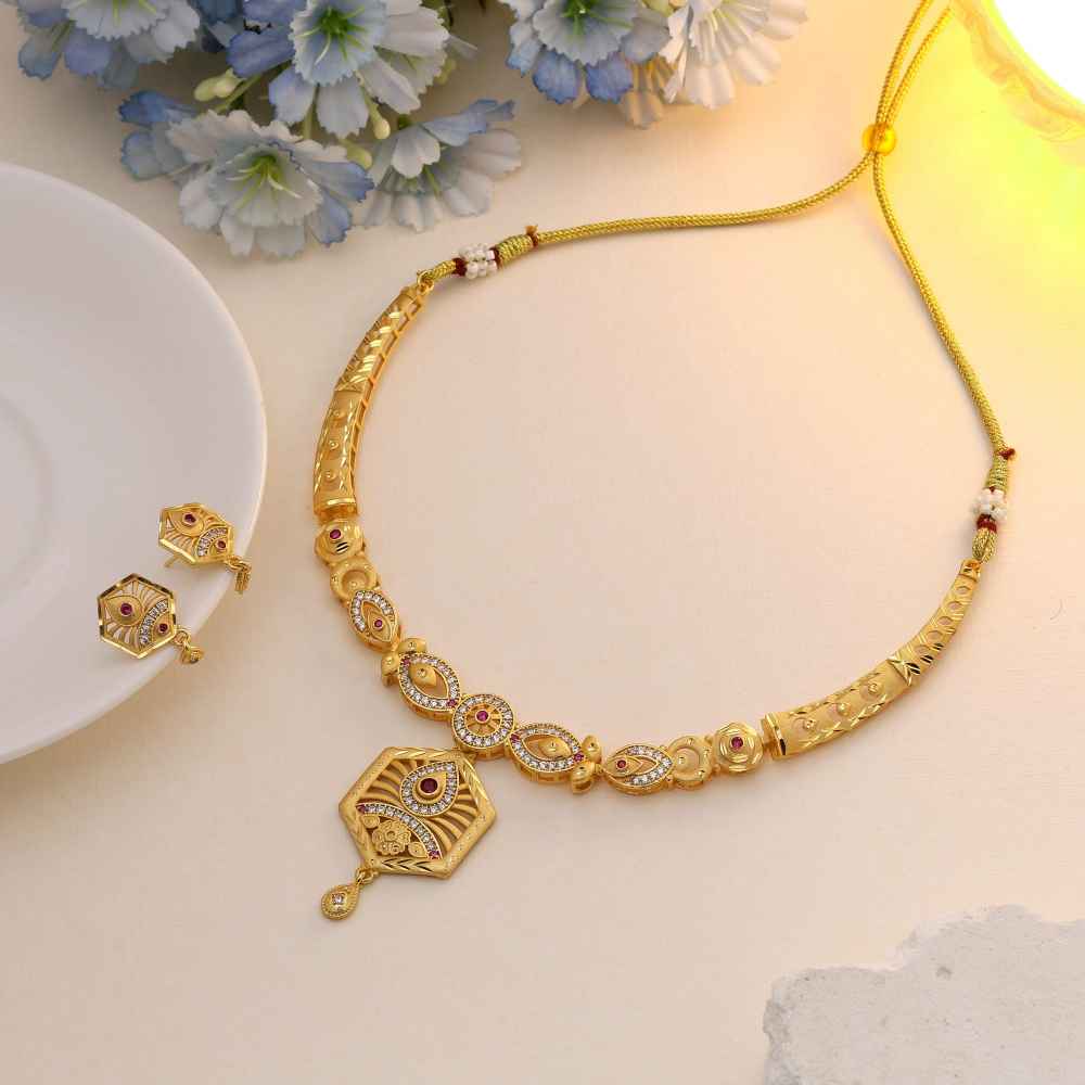 Gold Color Matte Gold Necklace Set Reflecting Rich Cultural Jewelry Artistry-FNTPLN140GLD
