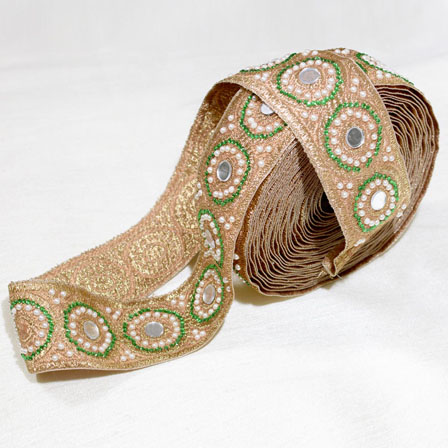 9 MTR Roll of Golden and Green Stones with White Pearls Indian Lace Ribbon-4025