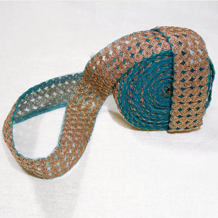 9 MTR Roll of Golden and Sky Blue Circular Pattern Zari Ribbon Indian lace-4028
