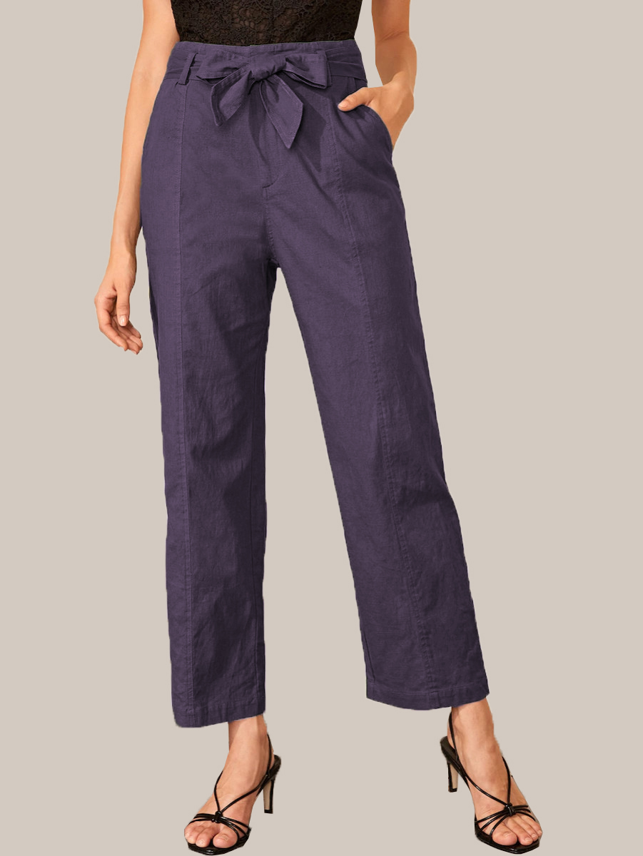 Gray Cotton Solid Wide Leg Pants With Belt-33925