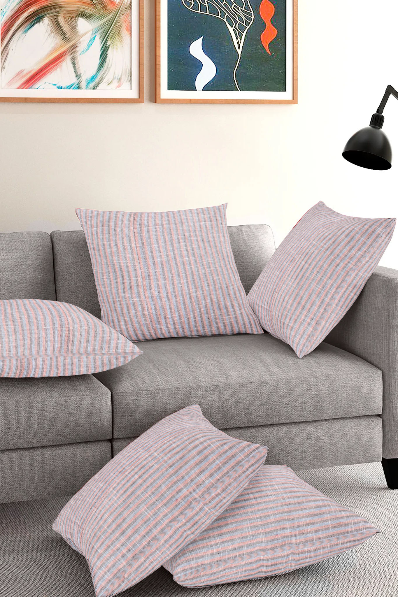 Set of 5-Gray Pink Cotton Cushion Cover-35386-16x16 Inches