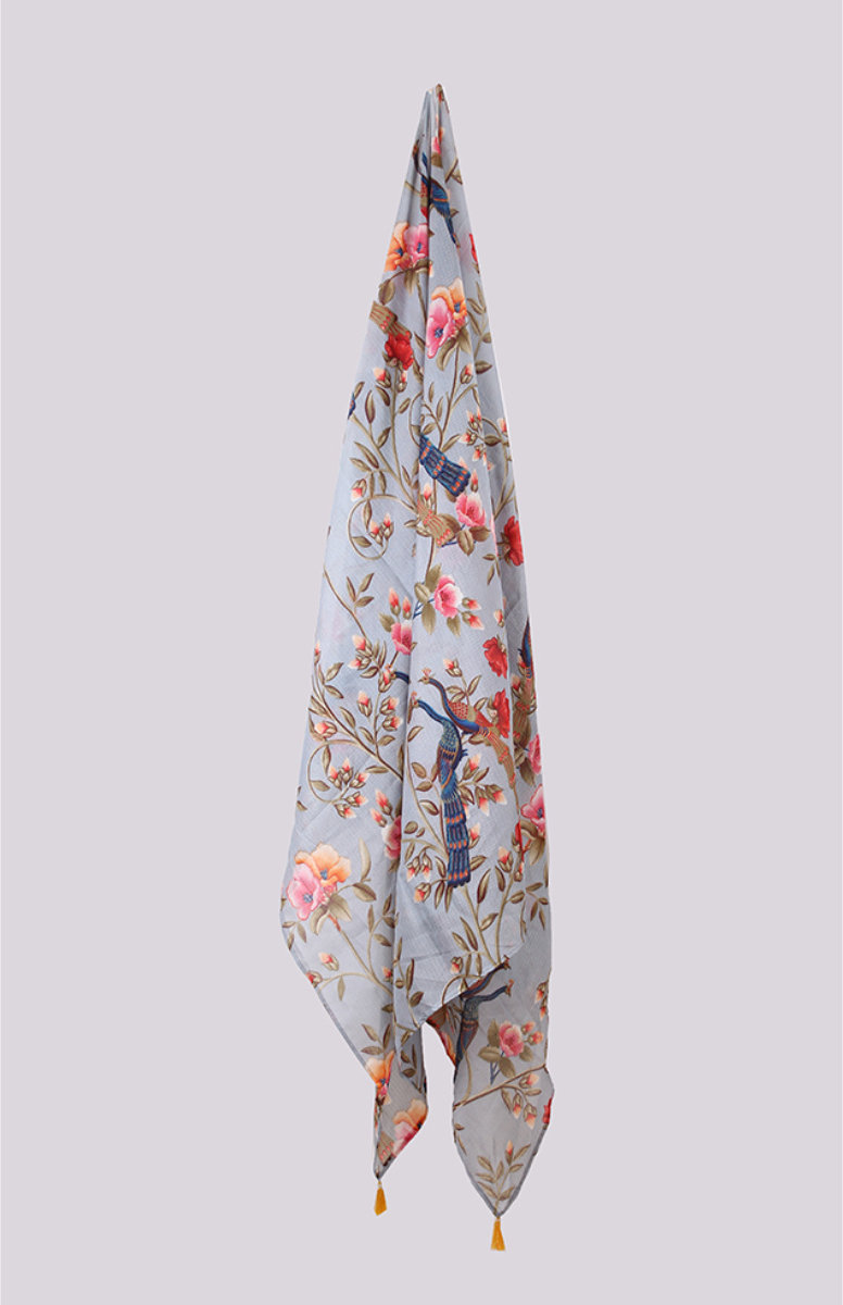 Gray Pink Digital Printed Kota Doria Dupatta with Tassel-33426