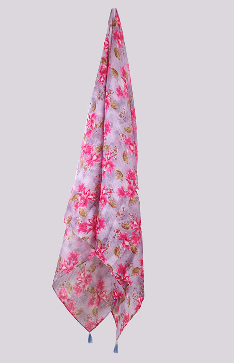 Gray Pink Digital Printed Kota Doria Dupatta with Tassel-33440